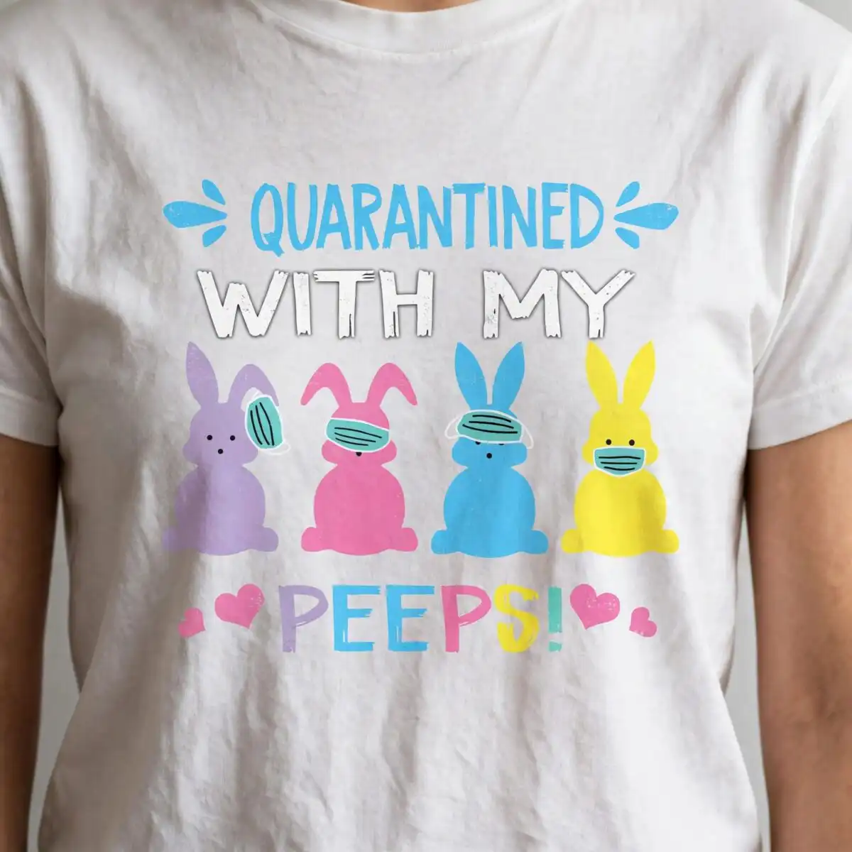 quarantined with my peeps easter bunny quote, four pastel bunnies in face masks pastel easter bunny clipart design printed on a plain product mockup