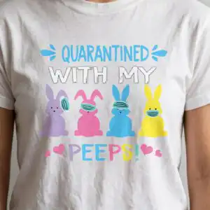 quarantined with my peeps easter bunny quote, four pastel bunnies in face masks pastel easter bunny clipart design printed on a plain product mockup