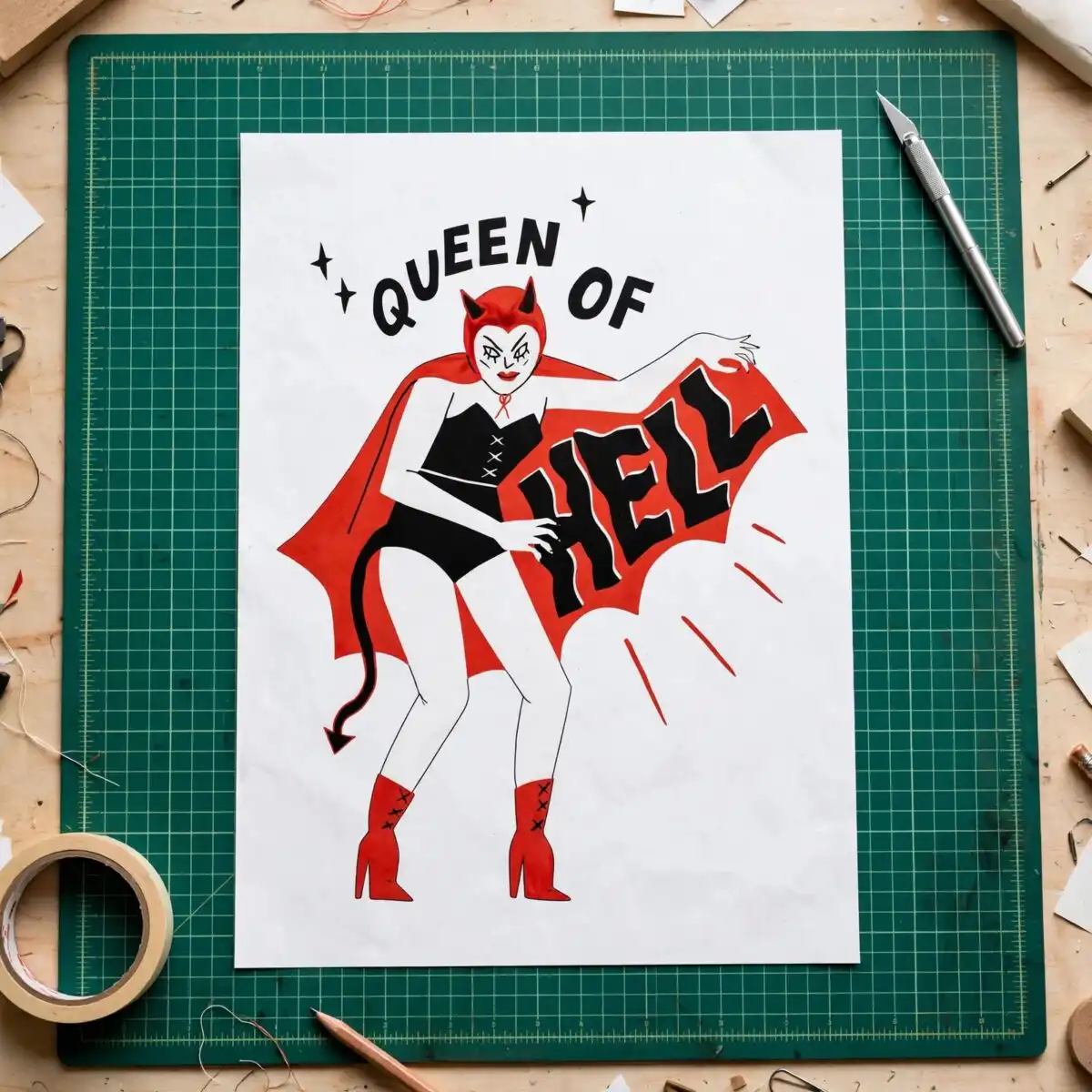 cheeky retro queen of hell pin up devil woman halloween graphic pin up devil woman svg design printed on a plain product mockup