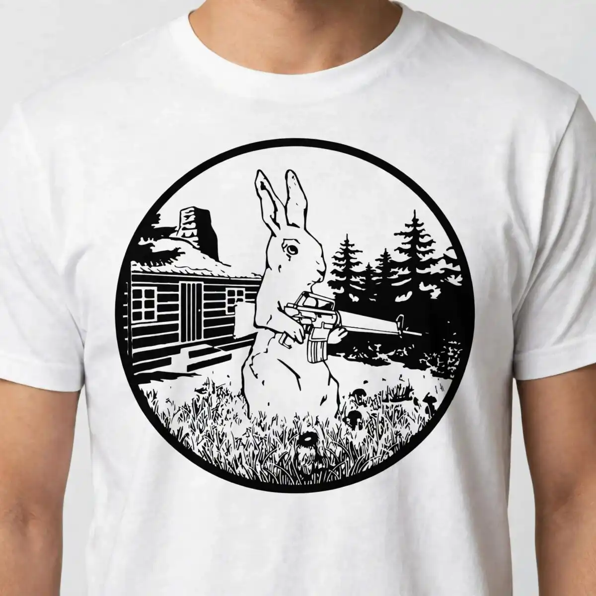 black and white vector rabbit with rifle and log cabin, circular design for hunting black and white svg design printed on a plain product mockup
