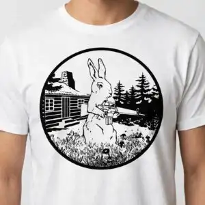 black and white vector rabbit with rifle and log cabin, circular design for hunting black and white svg design printed on a plain product mockup