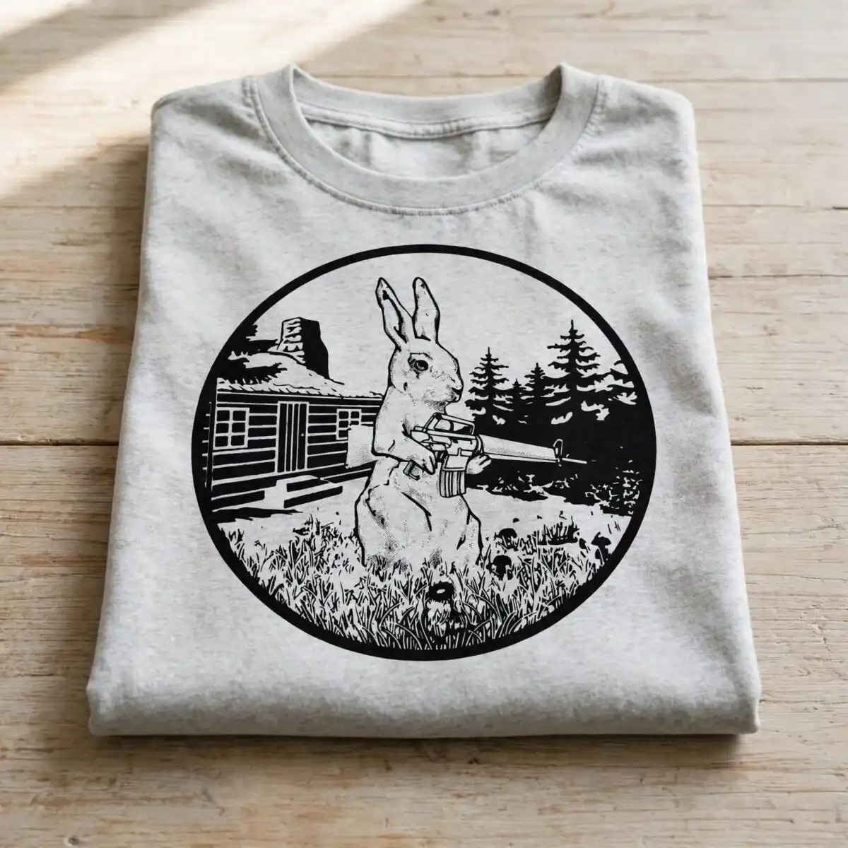 black and white vector rabbit with rifle and log cabin, circular design for hunting black and white svg design printed on a plain product mockup