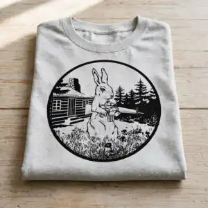 black and white vector rabbit with rifle and log cabin, circular design for hunting black and white svg design printed on a plain product mockup