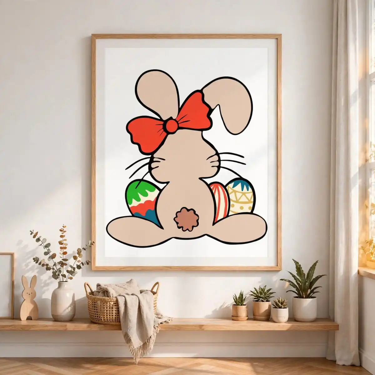 rear view seated cartoon bunny with easter eggs, easter bunny ears and feet shirt design easter bunny ears and feet svg design printed on a plain product mockup