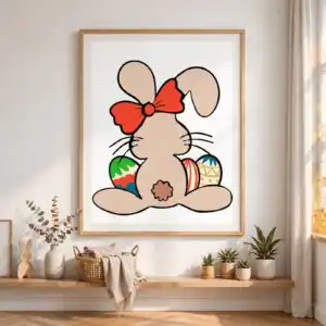 rear view seated cartoon bunny with easter eggs, easter bunny ears and feet shirt design easter bunny ears and feet svg design printed on a plain product mockup