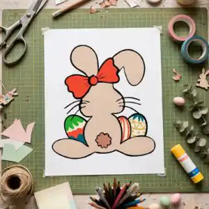 rear view seated cartoon bunny with easter eggs, easter bunny ears and feet shirt design easter bunny ears and feet svg design printed on a plain product mockup