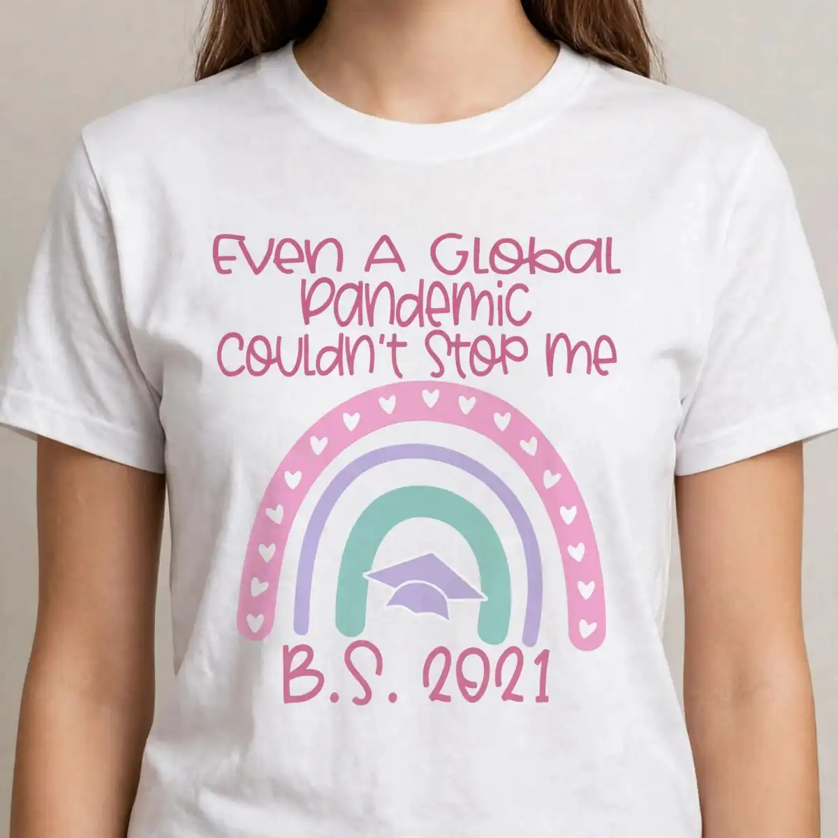 graduation rainbow text even svg design printed on a plain product mockup