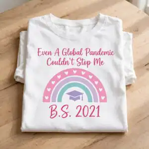 graduation rainbow text even svg design printed on a plain product mockup