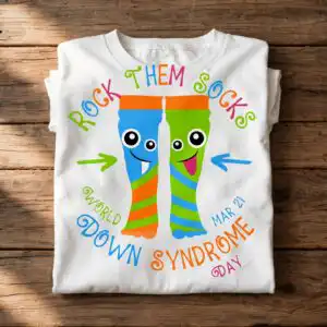 rock them socks down syndrome awareness svg design for world down syndrome day shirts down syndrome awareness svg design printed on a plain product mockup