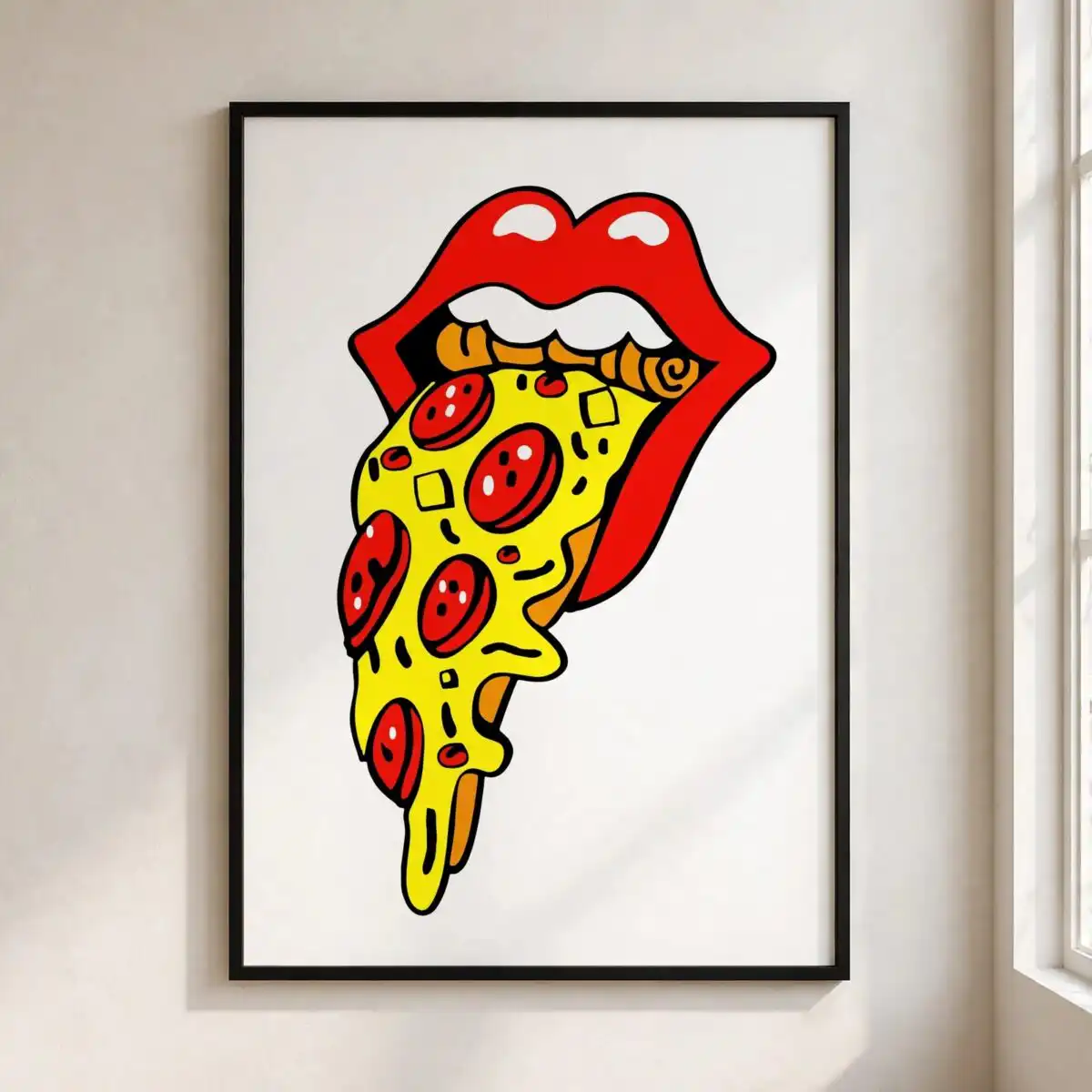 stylized open mouth with red lips and pepperoni pizza tongue, everyday digital cut file svg open mouth design printed on a plain product mockup