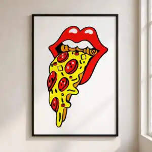 stylized open mouth with red lips and pepperoni pizza tongue, everyday digital cut file svg open mouth design printed on a plain product mockup