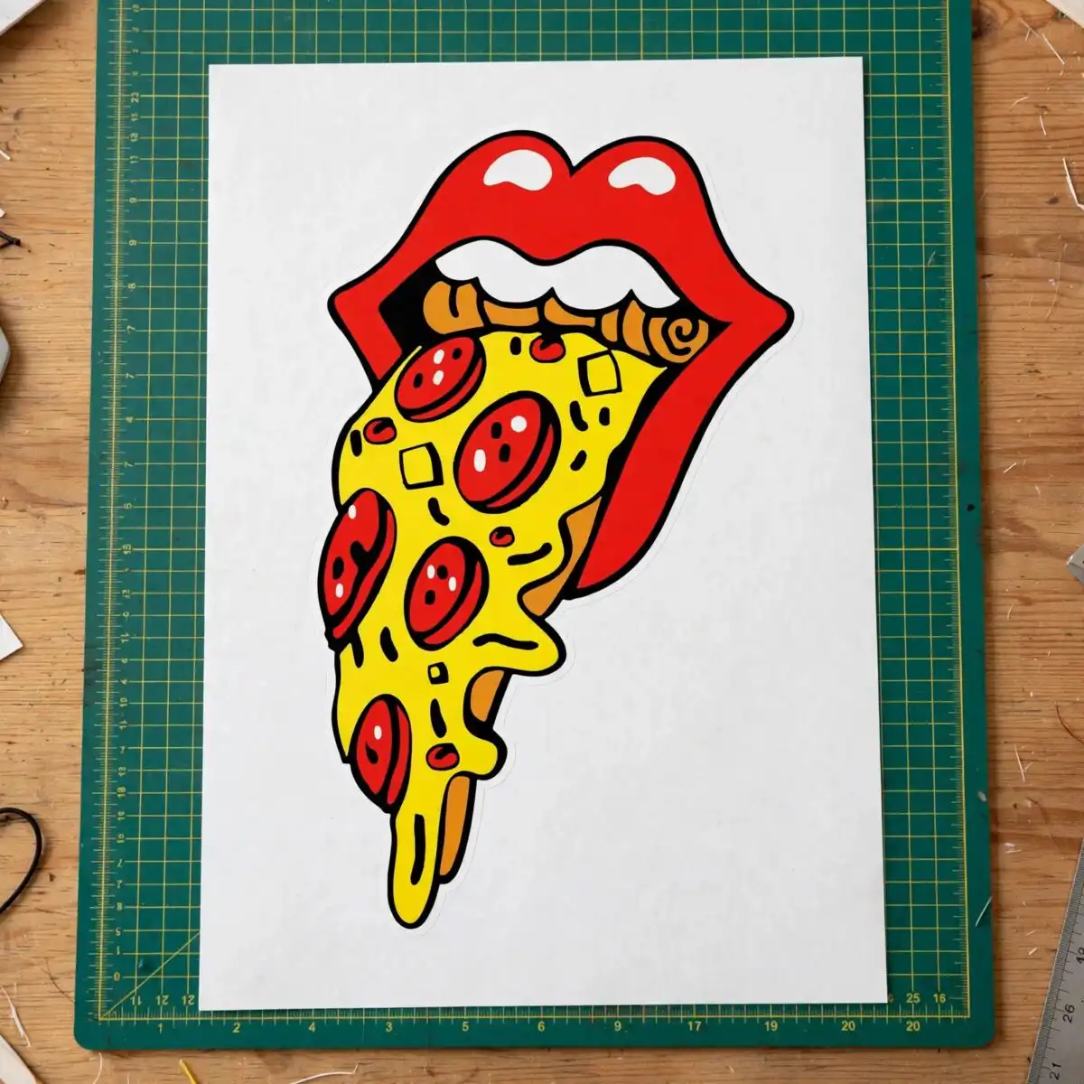 stylized open mouth with red lips and pepperoni pizza tongue, everyday digital cut file svg open mouth design printed on a plain product mockup