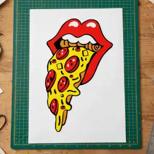 stylized open mouth with red lips and pepperoni pizza tongue, everyday digital cut file svg open mouth design printed on a plain product mockup