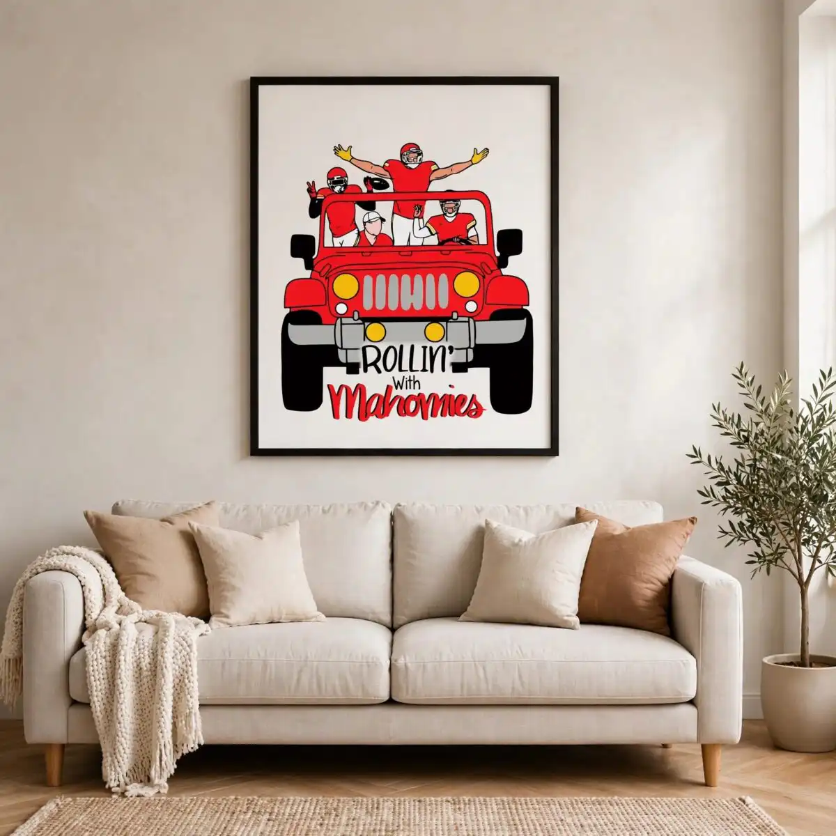 cartoon red open top jeep game day shirt design with rollin' with mahomies lettering cartoon red open top svg design printed on a plain product mockup