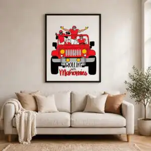 cartoon red open top jeep game day shirt design with rollin' with mahomies lettering cartoon red open top svg design printed on a plain product mockup