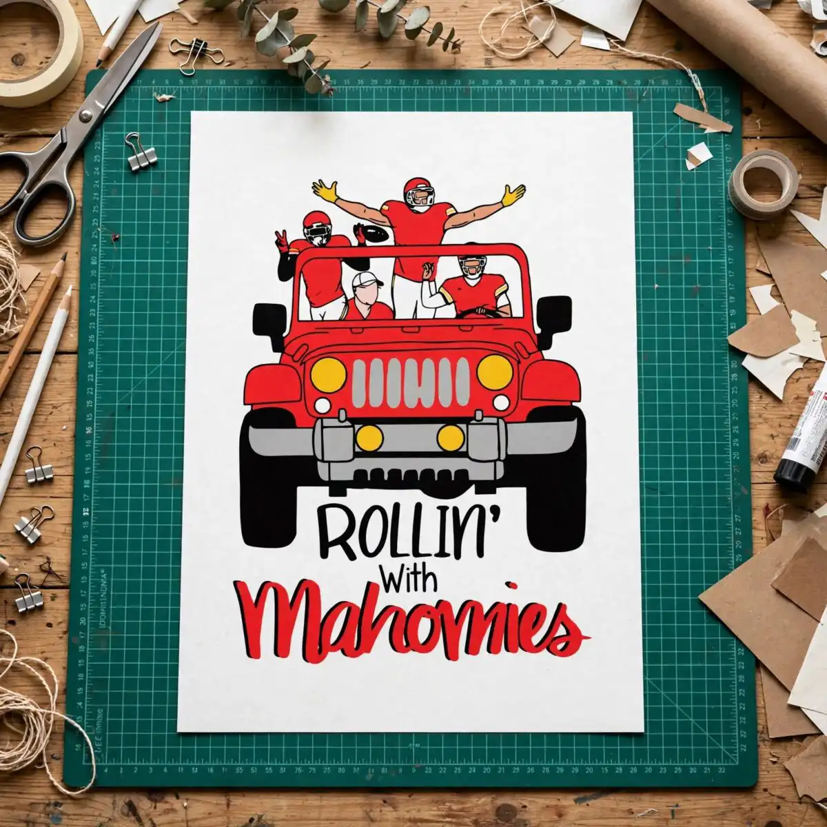 cartoon red open top jeep game day shirt design with rollin' with mahomies lettering cartoon red open top svg design printed on a plain product mockup