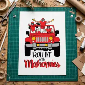 cartoon red open top jeep game day shirt design with rollin' with mahomies lettering cartoon red open top svg design printed on a plain product mockup