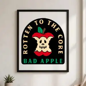 rotten to the core bad apple arched badge halloween svg shirt design for cutting and arched badge reading rotten svg design printed on a plain product mockup