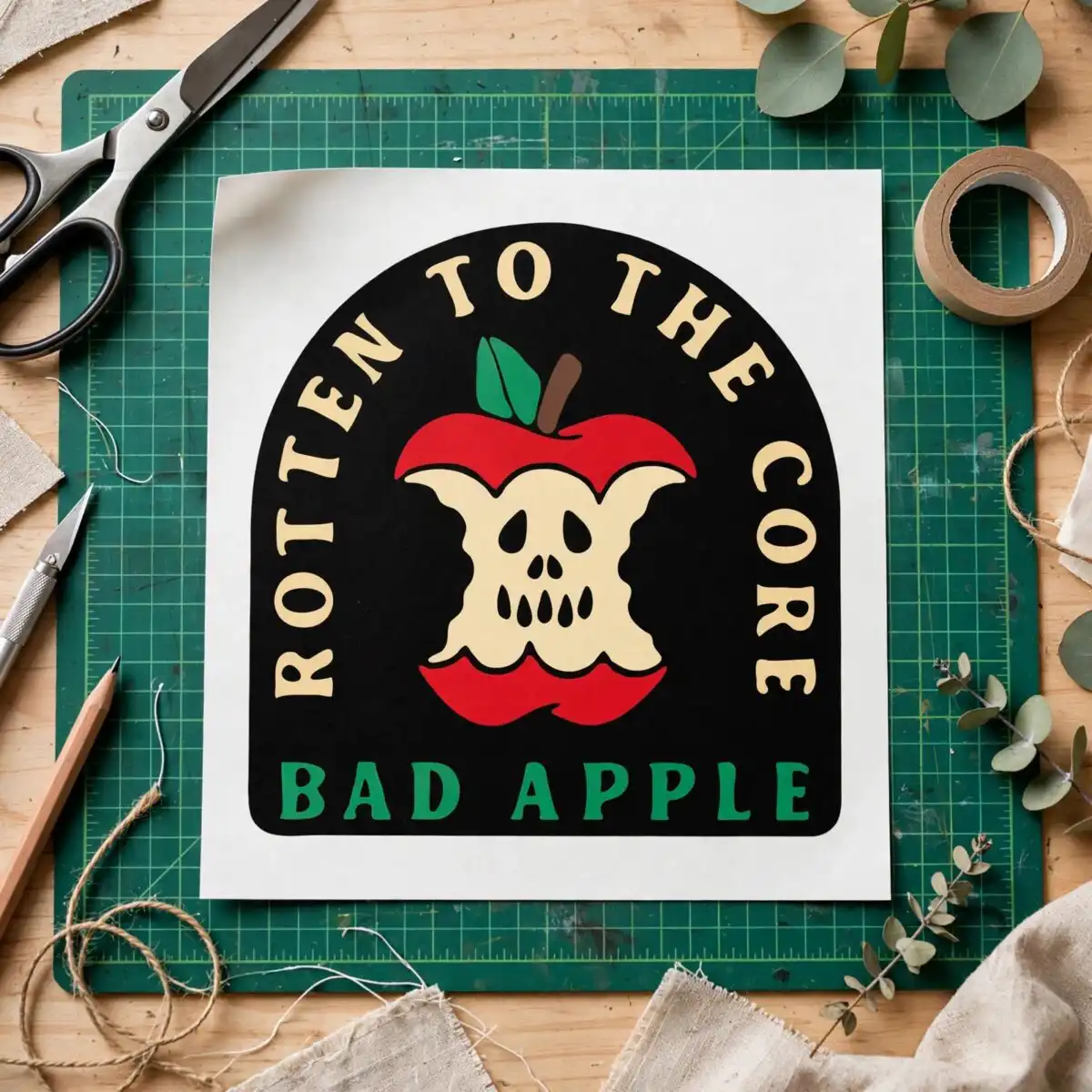 rotten to the core bad apple arched badge halloween svg shirt design for cutting and arched badge reading rotten svg design printed on a plain product mockup