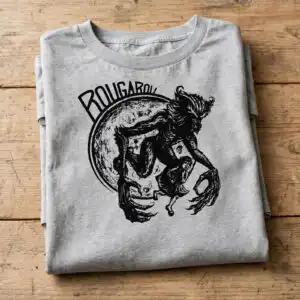 leaping rougarou werewolf cryptid emblem with full moon and rougarou banner rougarou werewolf cryptid leaping svg design printed on a plain product mockup