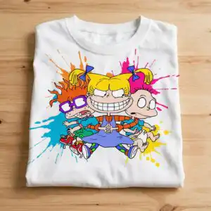 three cartoon kids posed birthday party shirt design, bold splatter art three cartoon kids posed cut file design printed on a plain product mockup