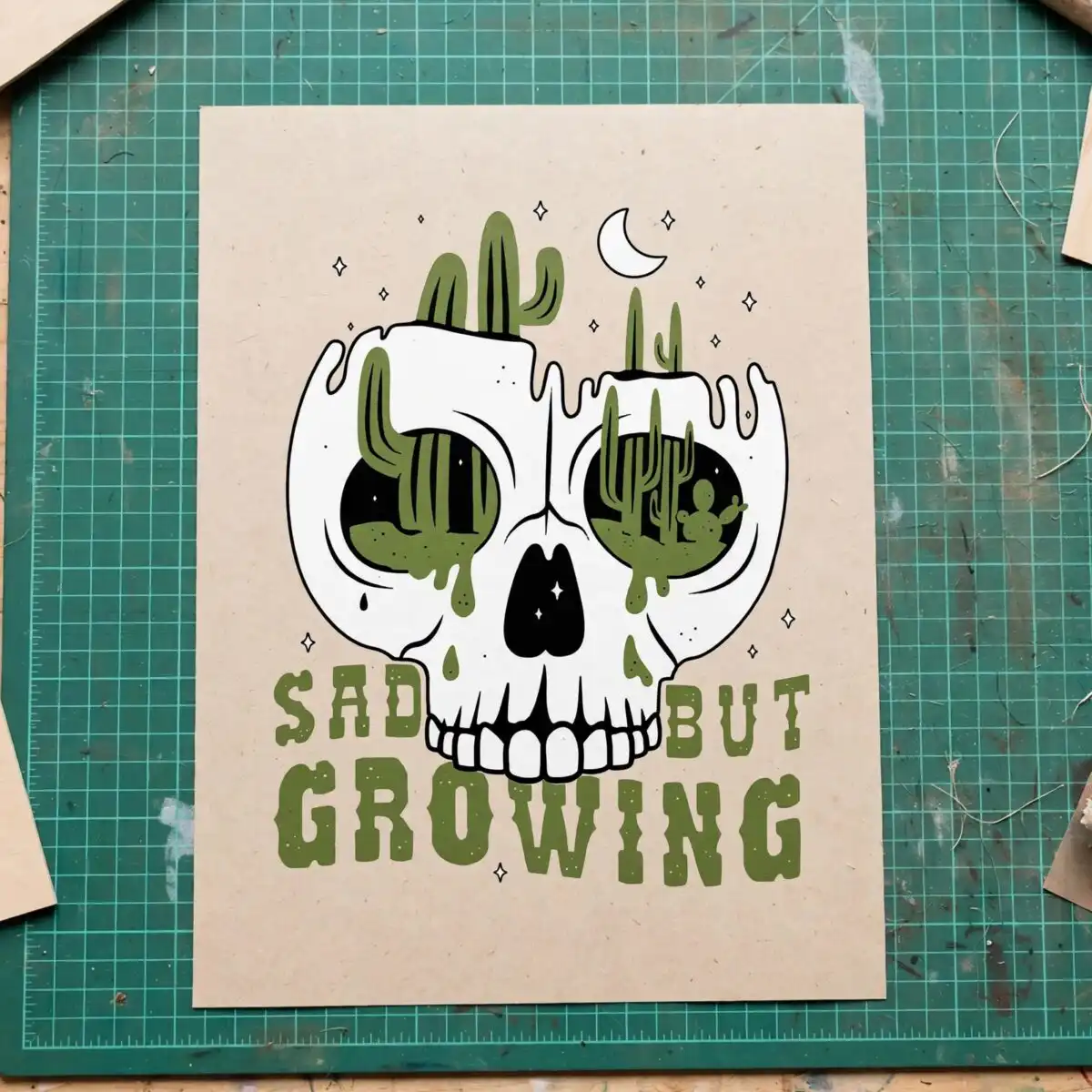 sad but growing white skull desert cactus boho graphic for adults sad but growing svg design printed on a plain product mockup