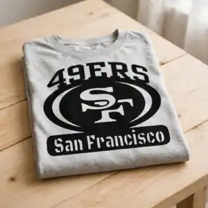 49ers svg file: black silhouette badge with arched lettering and sf monogram for shirts 49ers svg file design printed on a plain product mockup