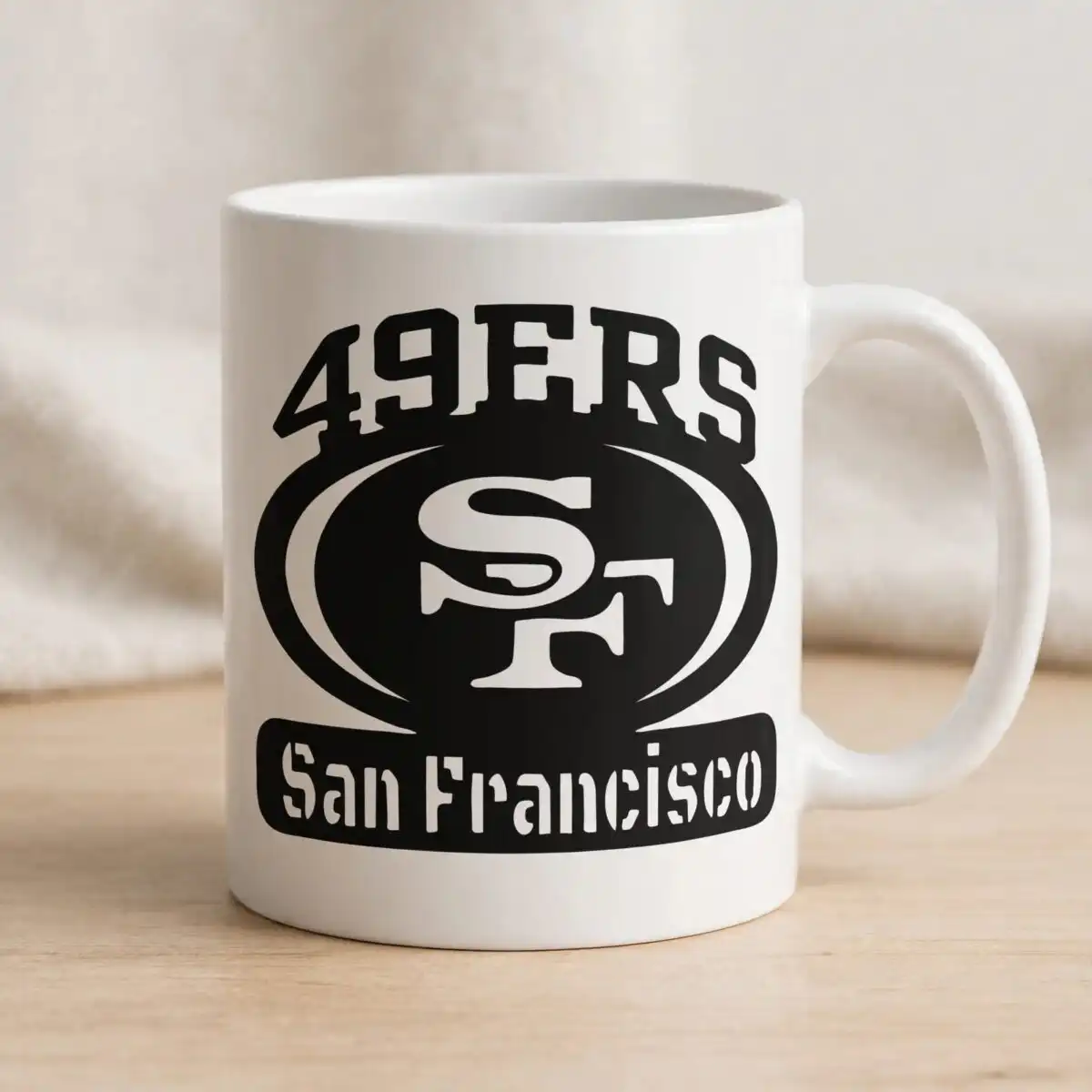 49ers svg file: black silhouette badge with arched lettering and sf monogram for shirts 49ers svg file design printed on a plain product mockup