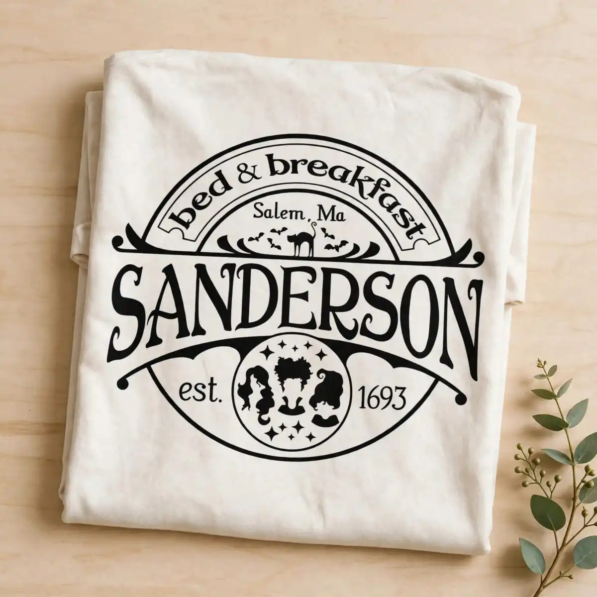 sanderson bed and breakfast halloween vintage badge logo design sanderson bed breakfast halloween svg design printed on a plain product mockup
