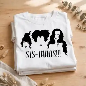 halloween sis-taaas!!! silhouette design featuring three female heads with curly and wavy three silhouetted female heads svg design printed on a plain product mockup