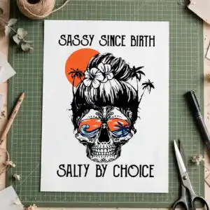 messy bun skull summer beach quote cut file for shirts, totes and mugs messy bun skull svg design printed on a plain product mockup