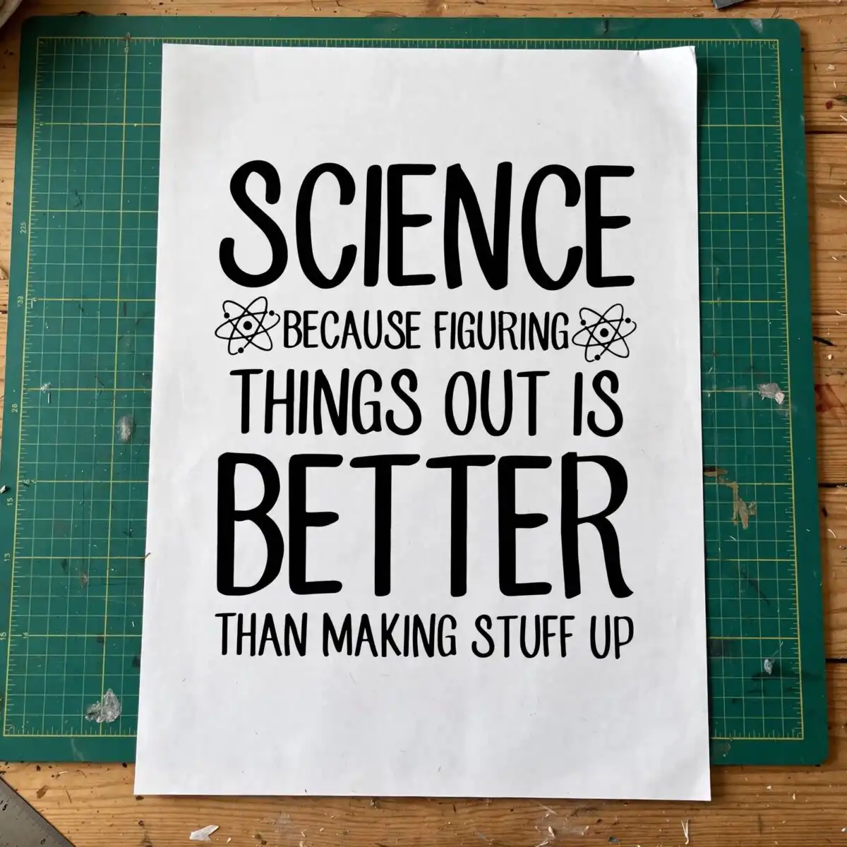 typographic quote science because svg design printed on a plain product mockup