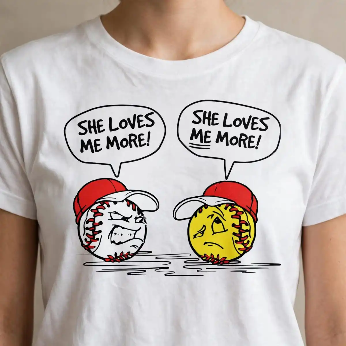 everyday two cartoon balls red svg design with she loves me more! speech bubbles everyday two cartoon balls red svg design printed on a plain product mockup