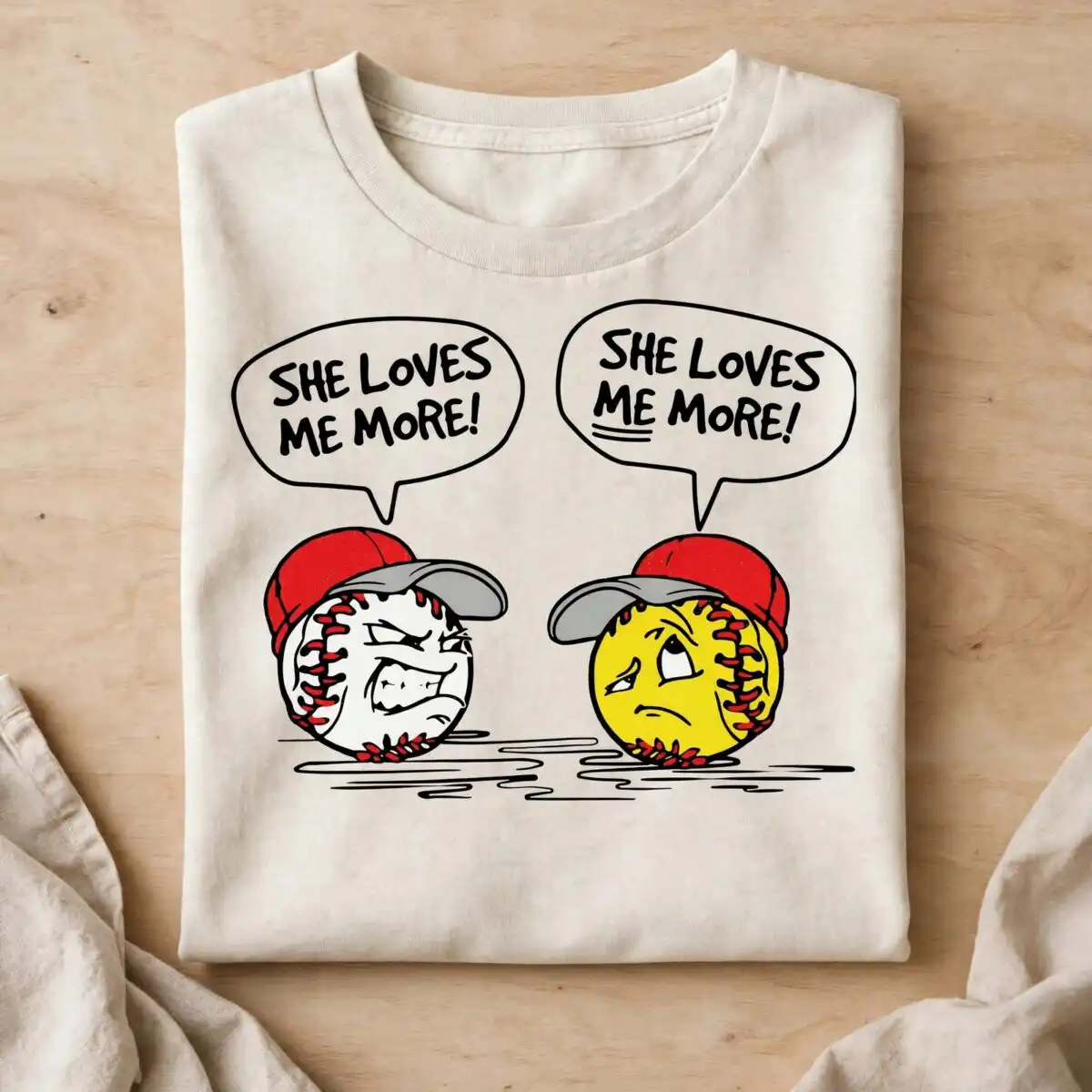 everyday two cartoon balls red svg design with she loves me more! speech bubbles everyday two cartoon balls red svg design printed on a plain product mockup