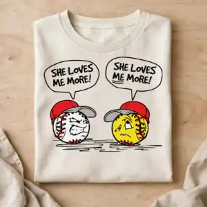 everyday two cartoon balls red svg design with she loves me more! speech bubbles everyday two cartoon balls red svg design printed on a plain product mockup