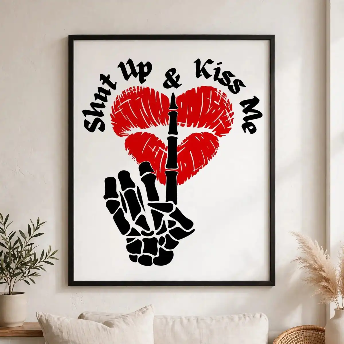 sassy shut up & kiss me skeleton middle finger with red kiss heart cut file skeleton middle finger svg design printed on a plain product mockup