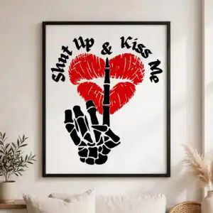 sassy shut up & kiss me skeleton middle finger with red kiss heart cut file skeleton middle finger svg design printed on a plain product mockup
