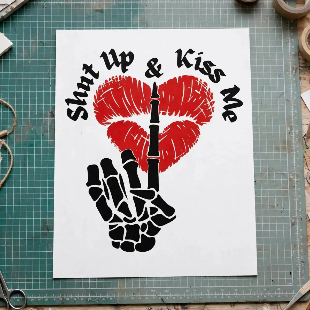 sassy shut up & kiss me skeleton middle finger with red kiss heart cut file skeleton middle finger svg design printed on a plain product mockup