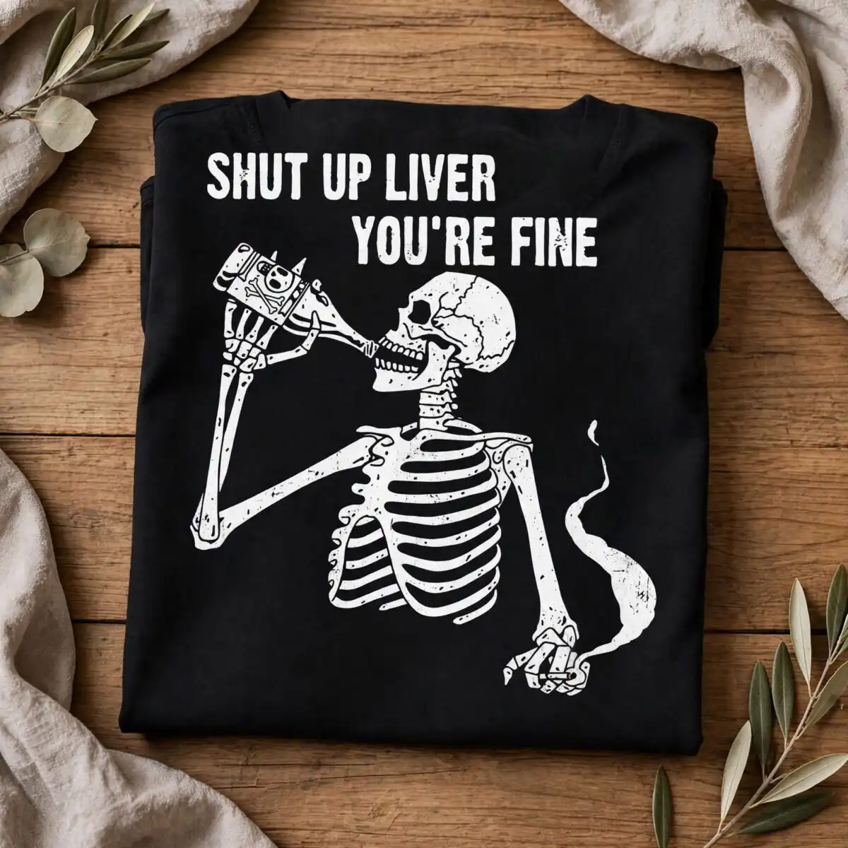 funny skeleton drinking illustration with sarcastic liver quote for halloween party shirts skeleton drinking svg design printed on a plain product mockup