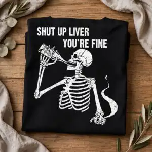 funny skeleton drinking illustration with sarcastic liver quote for halloween party shirts skeleton drinking svg design printed on a plain product mockup