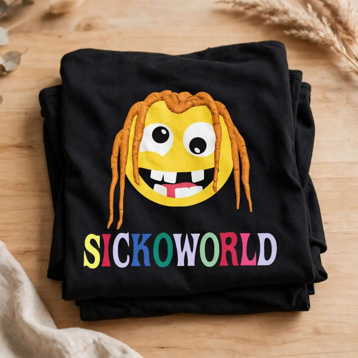 cartoon smiley face png design printed on a plain product mockup