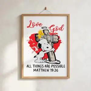 god is love easter cartoon dog hugging a cross png for shirts, mugs and tumblers god is love png design printed on a plain product mockup