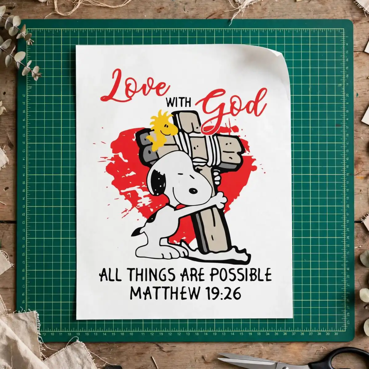 god is love easter cartoon dog hugging a cross png for shirts, mugs and tumblers god is love png design printed on a plain product mockup