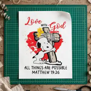 god is love easter cartoon dog hugging a cross png for shirts, mugs and tumblers god is love png design printed on a plain product mockup