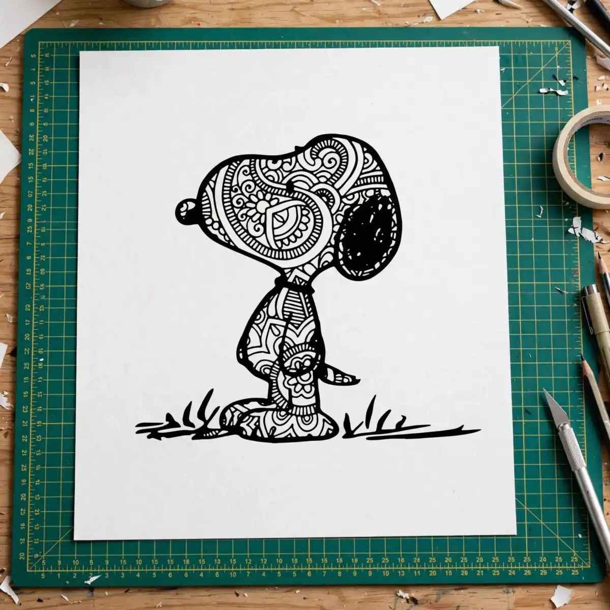 everyday black silhouette cartoon dog png with mandala fill for shirts, mugs and decals everyday black silhouette cartoon dog png design printed on a plain product mockup