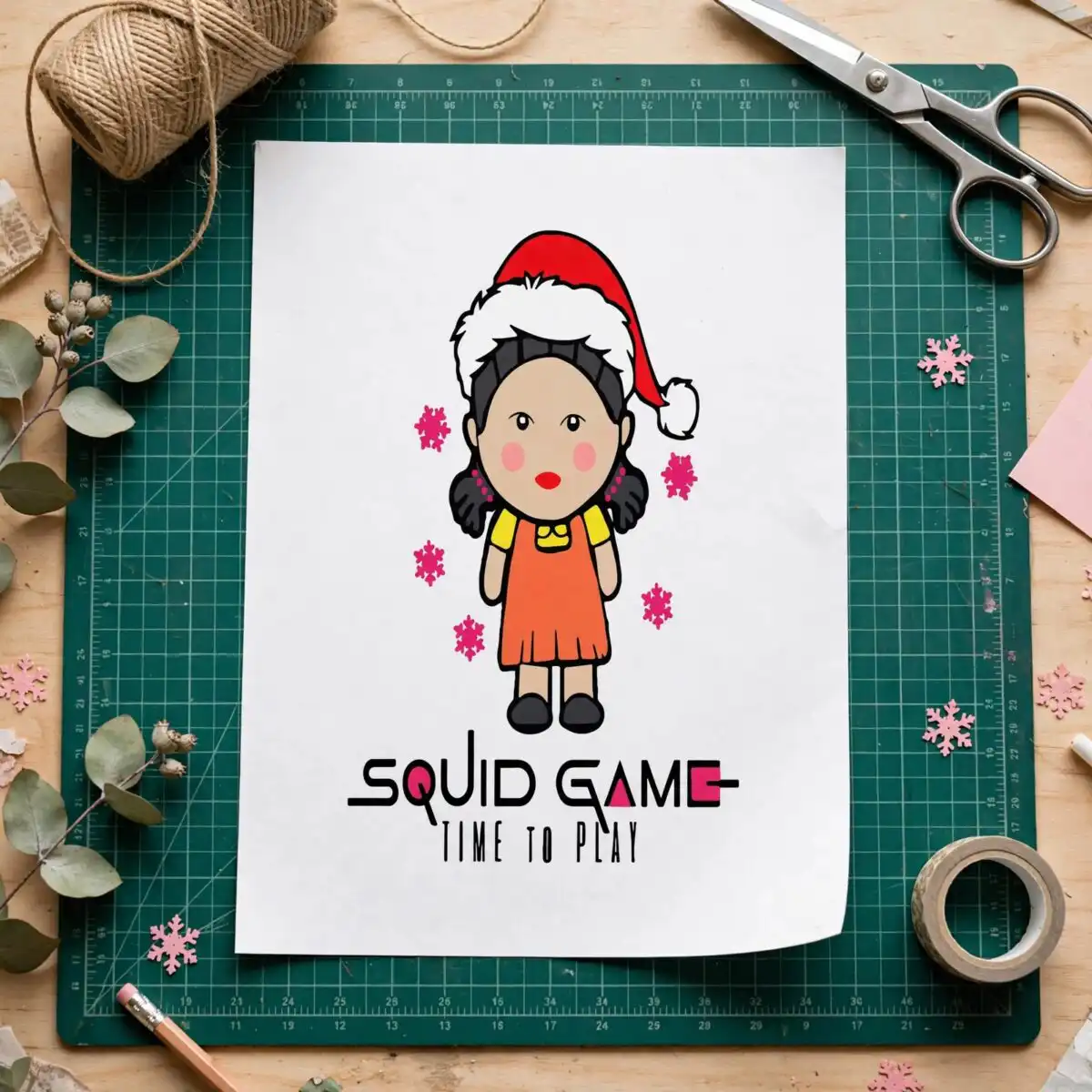 cute christmas young hee cartoon girl with santa hat squid game images squid game png images design printed on a plain product mockup