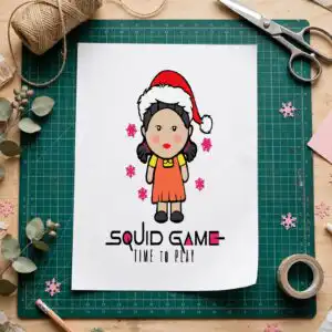 cute christmas young hee cartoon girl with santa hat squid game images squid game png images design printed on a plain product mockup