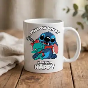 follow us png design: blue cartoon creature hugging a teal plush, follow what makes follow us png design printed on a plain product mockup