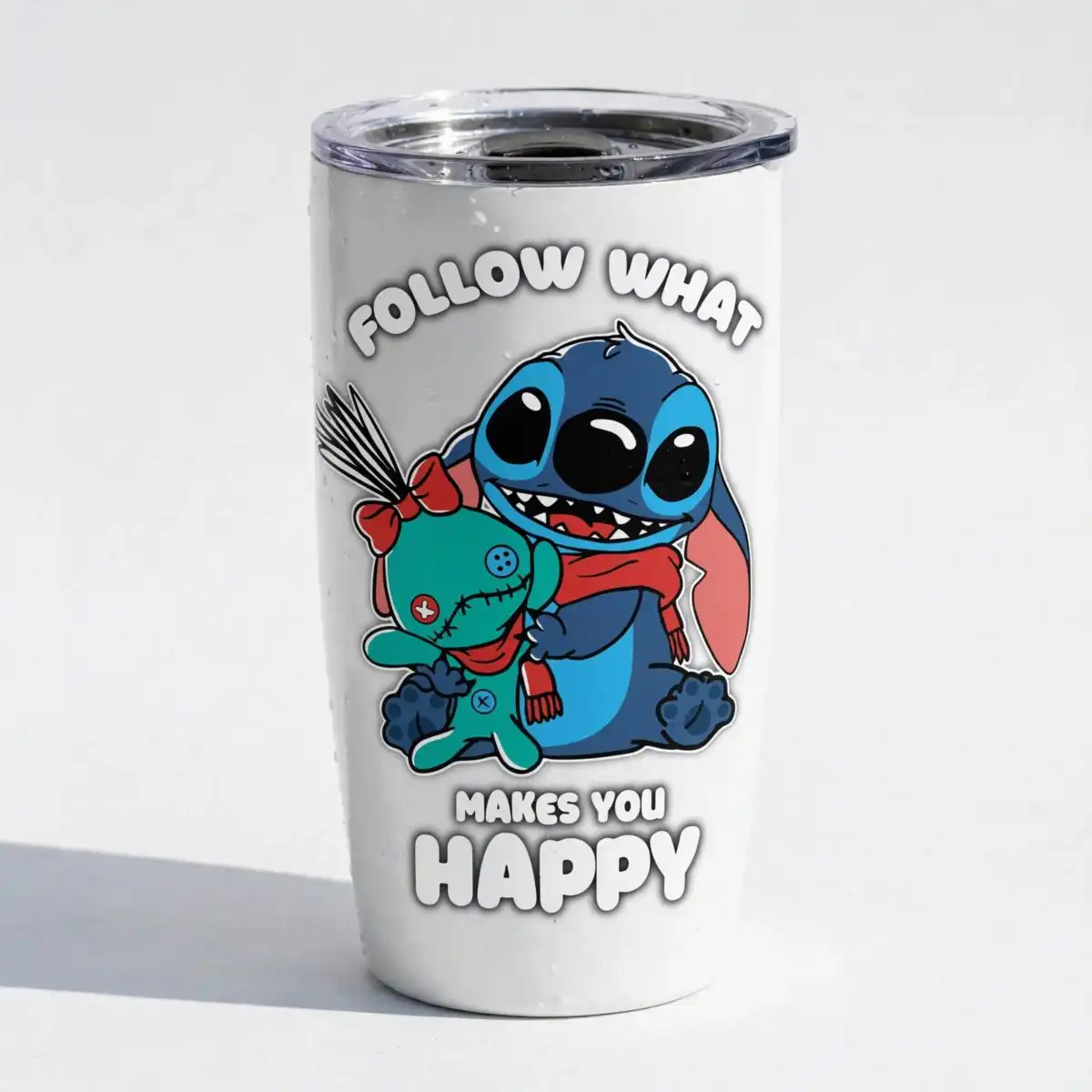 follow us png design: blue cartoon creature hugging a teal plush, follow what makes follow us png design printed on a plain product mockup