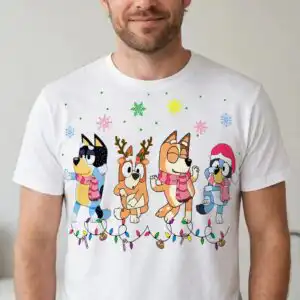 four cartoon dogs dancing christmas design with holiday accessories christmas four cartoon dogs dancing svg design printed on a plain product mockup